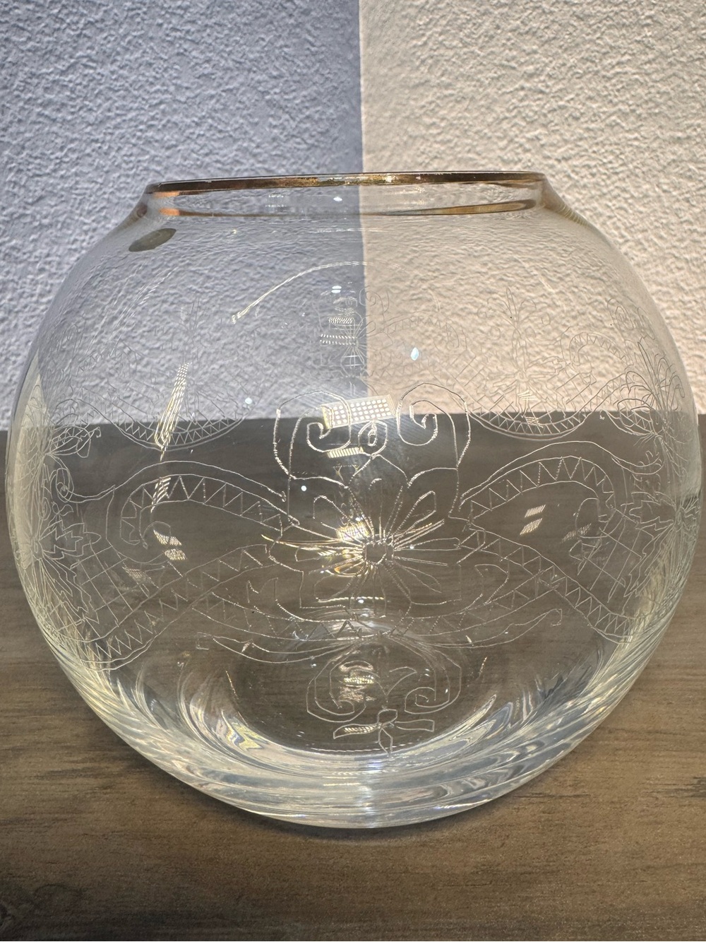 Vintage Bohemia Czech Crystal Hand Engraved Floral Rose Bowl Gold Rim 7”